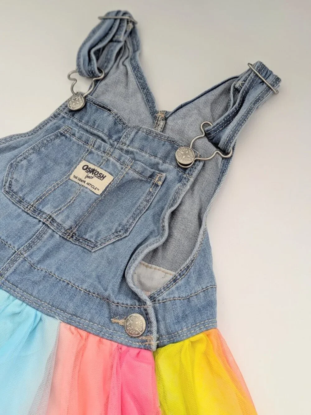 OshKosh Girls' (4T) Denim Overall Dress/Jumper with Rainbow Colored Tulle Skirt